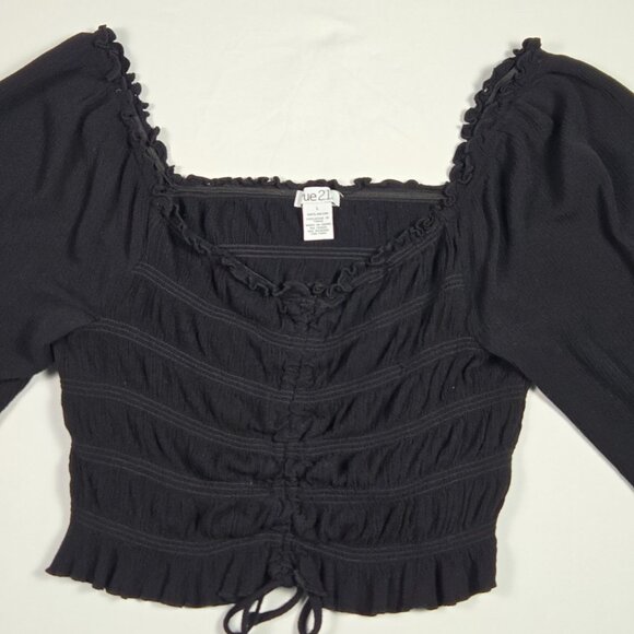Rue21 Black Ruched Long Sleeve Top Womens Sz L Boho Peasant Cottagecore Romantic - Picture 14 of 14